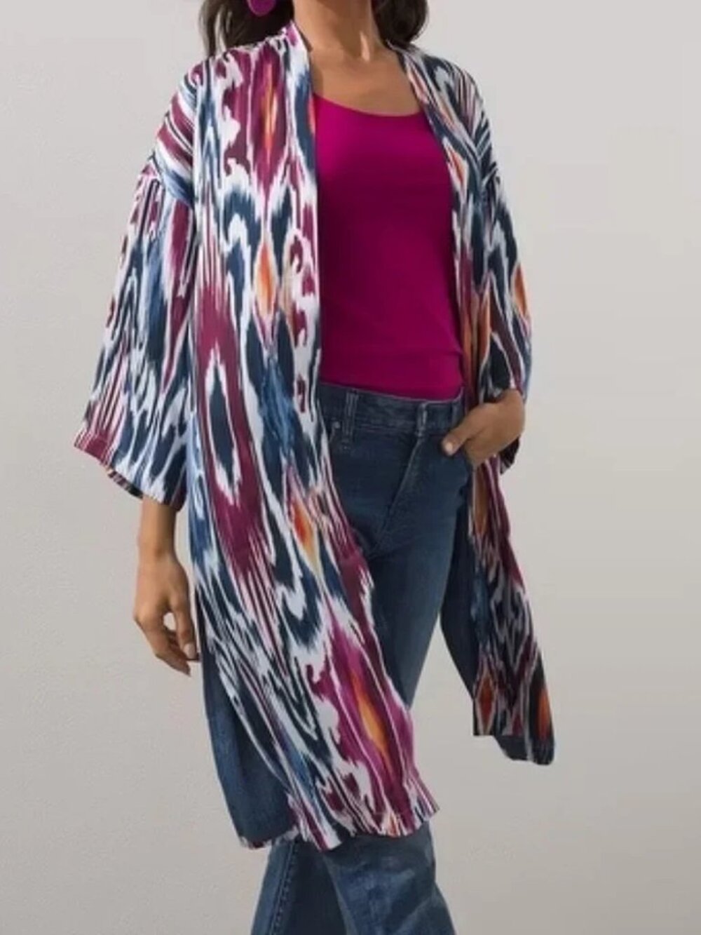 NWT Womens Chico's Ikat Kimono Boho Printed 3/4 Sleeve Cardigan Size Large / XL